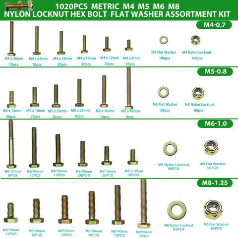 1020Pcs Metric Hex Bolt And Nylon Locknut Assortment Kit Packed With Grade 8.8 Alloy Steel And Zinc Galvanized Washers For Automotive Repair Tooling Jigs Built Rugged And Shop Ready For DIY components on display.