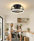 Low Profile 12 Inch Black Ceiling Fan With Lights Flush Mount Bladeless Fandelier installed in laundry room