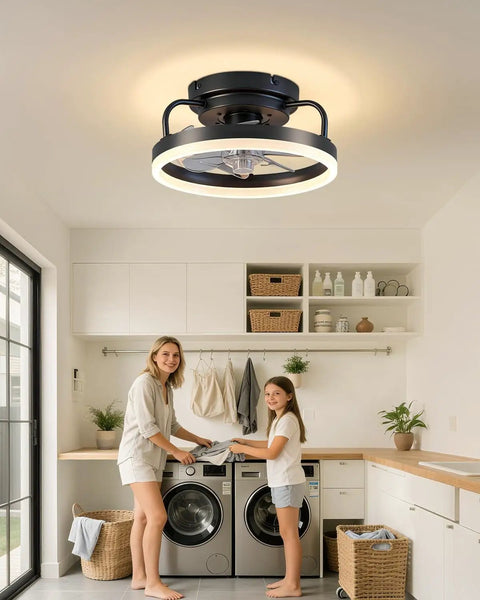 Low Profile 12 Inch Black Ceiling Fan With Lights Flush Mount Bladeless Fandelier installed in laundry room