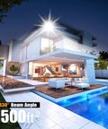 150W Dimmable LED Flood Light illuminating modern house exterior, showing 330-degree beam at night with 15000 lumens output.
