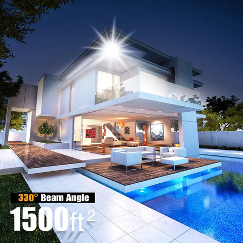 150W Dimmable LED Flood Light illuminating modern house exterior, showing 330-degree beam at night with 15000 lumens output.