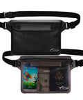 Killer Waterproof Fanny Pack Phone Pouch Dry Bag with visible triple zip lock, holding phone, passport, and cash.