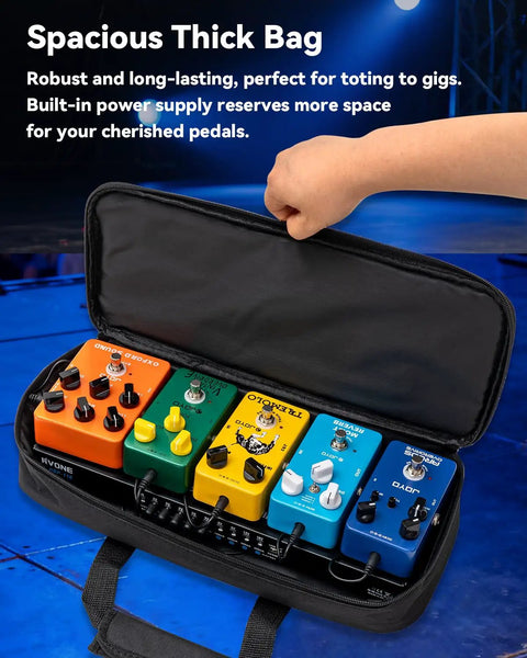 Guitar Pedal Board With Power Supply 10 Isolated Outputs Aluminum Alloy Portable Pedal Board With Bag Compact Mini Powered Pedal Board For Guitar Effects Stable Noise Free Power For Travel Gigs Bag Included with multiple pedals inside a bag.