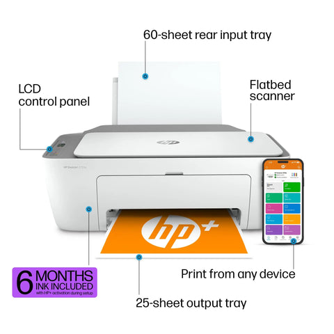 DeskJet 2755e Wireless Color Inkjet Printer With Scan Copy Easy Setup Mobile Printing Great For Home Use 1200 DPI Color Printing 60 Sheet Input Includes 6 Month Instant Ink Trial White, front view with control panel and trays visible
