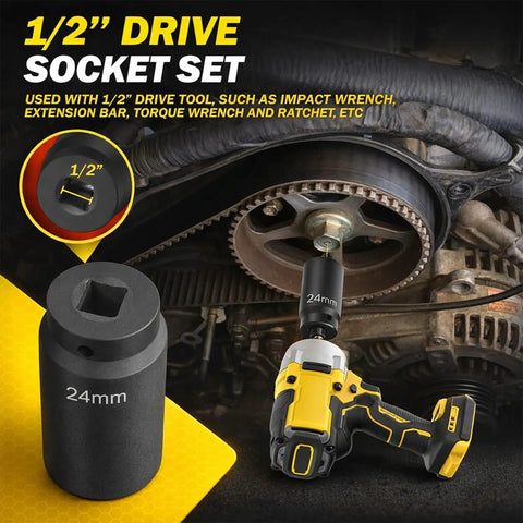 Weighted Half Inch Drive Harmonic Balancer Socket Set with 24mm Deep Impact Socket on impact wrench near engine