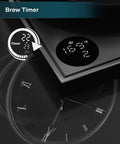 Digital display and brew timer on a Gooseneck Electric Kettle With Plus Or Minus One Degree Fahrenheit Precision, Stainless Steel Interior.