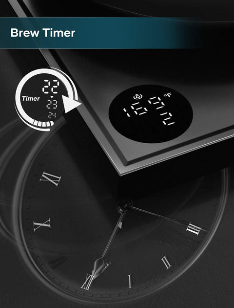 Digital display and brew timer on a Gooseneck Electric Kettle With Plus Or Minus One Degree Fahrenheit Precision, Stainless Steel Interior.