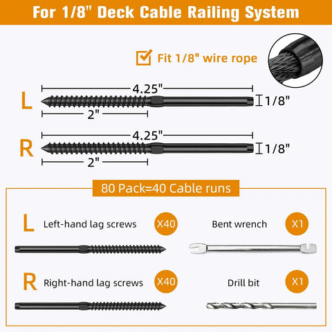 Diagram of 80 Pack Black T316 Stainless Steel Left And Right Handed Lag Screws For One Eighth Inch Cable Railing Deck And Stair Wood Post Kit