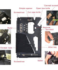 Multi-tool card from All In One 13 In 1 Survival Kit With Outdoor Gear Essentials illustrating various tools like screwdriver and ruler.