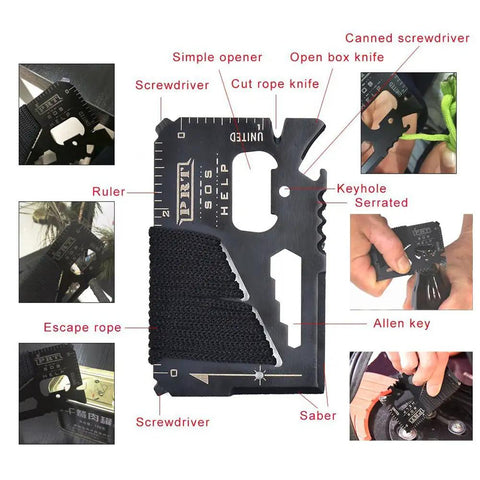Multi-tool card from All In One 13 In 1 Survival Kit With Outdoor Gear Essentials illustrating various tools like screwdriver and ruler.