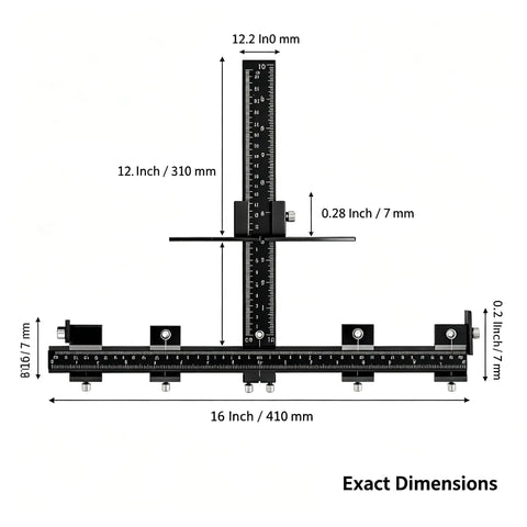 Tough Aluminum Cabinet Hardware Jig With 16 Inch Adjustable Slide Rail For Dead On Knobs Handles Layout Zero Guesswork Quick Diy Woodworking Drill Template Guide exact dimension diagram.
