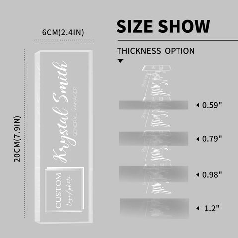 Size options for Fully Customizable Desk Name Plate With Logo Upload Acrylic Office Name Plate For Boss Employee Or Teacher Gifts Personalized Name Title Slogan Premium Desk Decor Accessory.