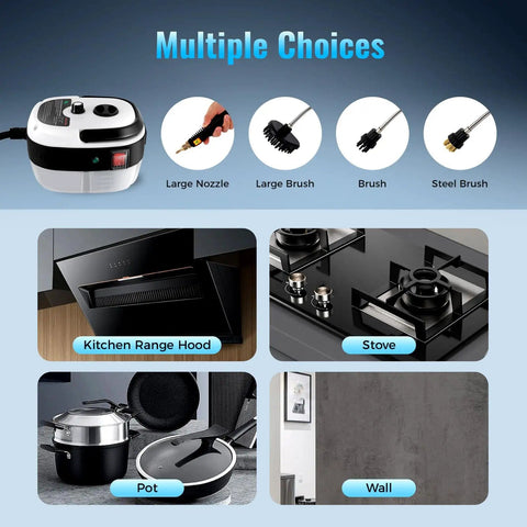 Powerful 2500W Handheld Steam Cleaner With 6 Speed, accessories and cleaning options for kitchen and home surfaces.