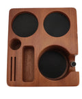 Solid Built 58mm Wooden Coffee Tamper Station With Adjustable Portafilter Holder And Catch Pan, top view showing compartments and non-slip pads.