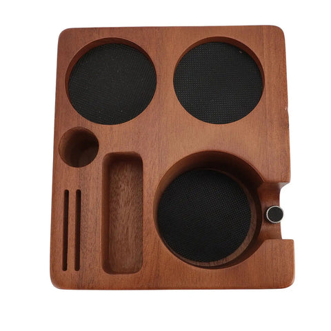 Solid Built 58mm Wooden Coffee Tamper Station With Adjustable Portafilter Holder And Catch Pan, top view showing compartments and non-slip pads.