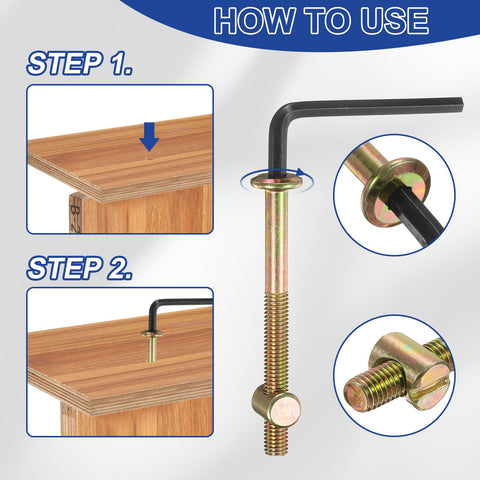Assembly steps for 4 Piece Bunk Bed Bolts And Nuts Kit M6x70mm Hex Drive Socket Cap showing bolt insertion and tightening process.