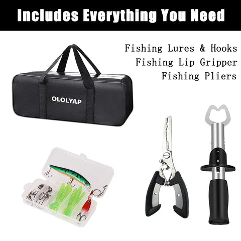 6.9ft Telescopic Fishing Pole And Reel Kit shown with lures, hooks, pliers, lip gripper, and black carrier bag.
