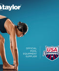 Taylor swimmer in starting position with USA Swimming logo and Official Pool Equipment Supplier text