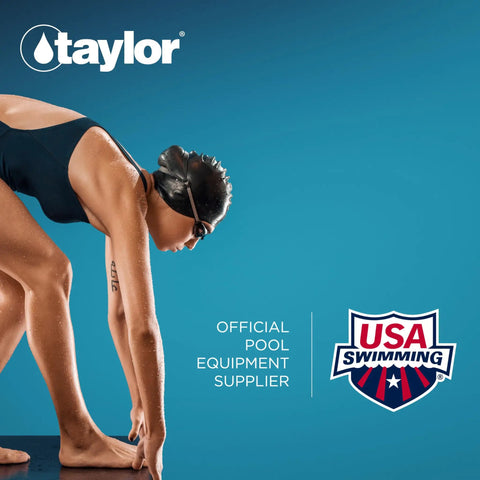 Total Alkalinity Indicator Dropper Refill 0.75 Ounce for Pool and Spa Water Testing, Super Easy Kit Extension, Quick Alkalinity Checks, Keep Your Test Kit Alive, Made in the USA. swimmer at starting block with Taylor and USA Swimming logos