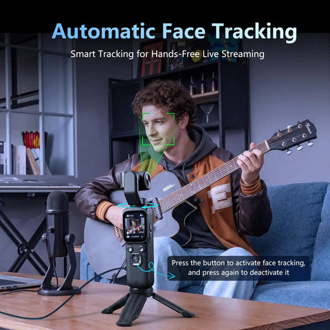 4K Vlogging Camera With 330 Degree Rotating Lens And Face Tracking For YouTube And TikTok capturing a musician playing guitar.