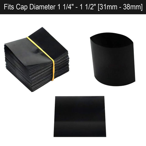 Top Shelf Black Shrink Bands For Bottles And Jars Hella Secure Tamper Proof Sealing Sleeves Sixty Five By Sixty Millimeter Dimensions Two Hundred Count Bulk Wrap stacked and displayed for easy use.