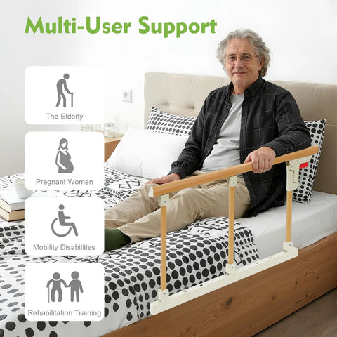 Foldable Bed Assist Rail For Seniors with Adjustable Height No Tool Setup, elderly man sitting on bed using grab bar