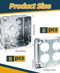 8 Pack 4 By 4 Inch Metal Electrical Boxes With Covers For Ceiling Or Wall Mount Galvanized Steel 21 Cubic Inches Capacity One And A Half Inch Deep Rust Resistant Built Tough For Clean Cable Runs showing box and cover size