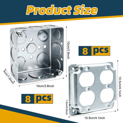 8 Pack 4 By 4 Inch Metal Electrical Boxes With Covers For Ceiling Or Wall Mount Galvanized Steel 21 Cubic Inches Capacity One And A Half Inch Deep Rust Resistant Built Tough For Clean Cable Runs showing box and cover size
