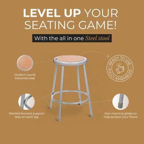 Sturdy Steel Round Stool With Masonite Wood Seat 24 Inch Height Grey Frame Preassembled 2 Pack for Classrooms Labs Cafes Offices