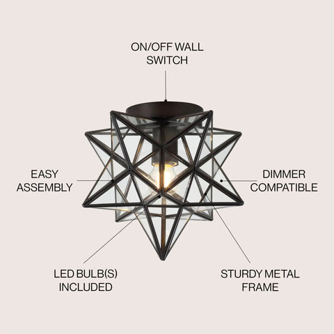 Slick 12 Inch Nickel Moravian Star LED Flush Mount Ceiling Light With Clear Glass Shade Geometric Iron Lantern for Entryway Hallway Foyer