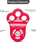 Three Hole Climbing Pulley For Zipline Systems And Rope Climbing Beefy Heavy Duty Ultra Lightweight 5 Oz 7075 Aluminum With Stainless Steel Bearing 30KN Load Stable Traction Great For Tree Work Red showing product features.