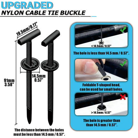 Nylon Cable Tie Buckle dimensions and usage instructions for small hole fastening, 200 Piece Heavy Duty Nylon Dual Lock Cable Tie Buckles With Rugged Storage Case.