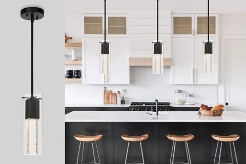 Modern Black Kitchen Pendant Light With Square Glass Shade And Bubble Crystal Column Hardwired Ceiling Fixture LED Bulb Included Sleek Square Design For Dope Dining And Counter Lighting over kitchen island