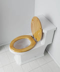 Elongated Solid Wood Toilet Seat with durable rubberwood build, high gloss piano finish, PVD brushed nickel hinges on toilet
