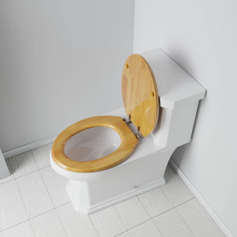 Elongated Solid Wood Toilet Seat with durable rubberwood build, high gloss piano finish, PVD brushed nickel hinges on toilet