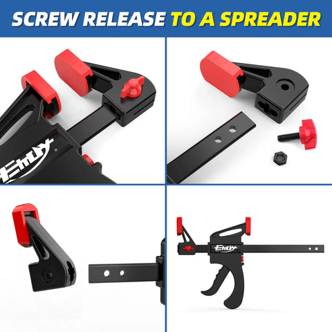 One Handed Bar Clamps for Woodworking Set 6 Inch F Clamp with Quick Change Mechanism 130 Lb Load Light Duty 4 Pack with parts and assembly close-up