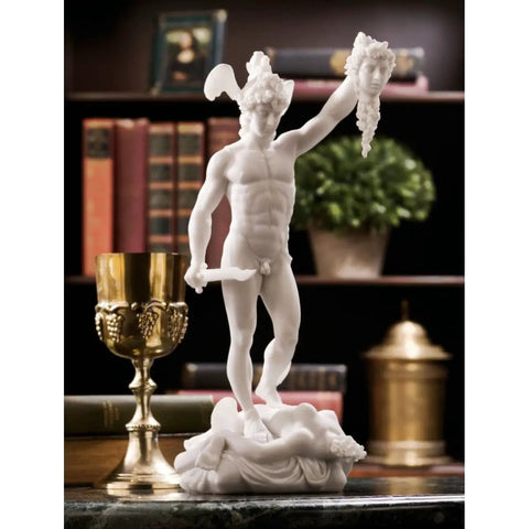 Perseus Beheading Medusa Statue White 12 Inch Greek Gods Figurine Resin Hero Battle Scene Decor Classical Art Replica Collectible Gift For Mythology Fans in a library setting.