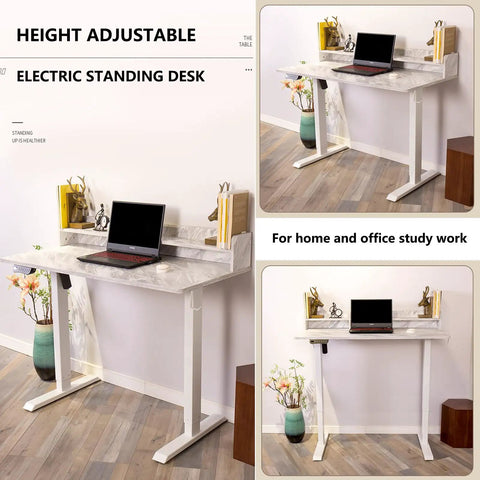 Ditch The Slump With This Electric Standing Desk Adjustable Height Platform Featuring Smart Led Controls Four Memory Presets And Child Safe Lock For Stress Free Sitting Or Standing During Your Daily Grind, featuring marble top and dual motor lift.