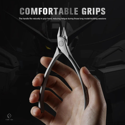 Ultra Precision Stainless Steel Gundam Nippers For Hobbyists Ergonomic Model Cutter held in hand against dark background