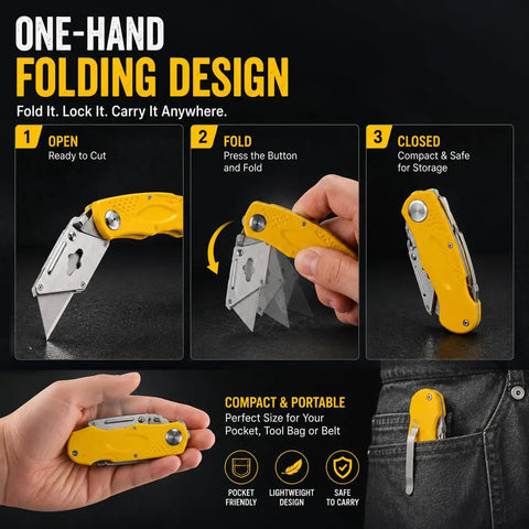 Built Tough Folding Utility Knife And Box Cutter With Slick Quick Swap Blades, Extra SK5 Replacements, Secure Safety Lock, And Pocket Friendly Silhouette For Any Rough Cut Or Fine Craft Task in open, fold, and closed positions.