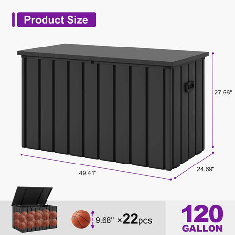 Outdoor Deck Box 120 Gallon Waterproof Lockable Storage Container With Lid For Patio Cushions, Pool Accessories And Garden Tools Weatherproof Gray Resin Box With Galvanized Steel Reinforced Lid; product dimensions shown on image.