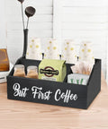 Solid Wood Coffee Station Organizer for Countertop and Bar Setup No Fuss Holder for Coffee Pods Storage Basket Keeps Pods and Essentials Neat Within Reach Black Finish on table with cups and condiments