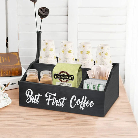 Solid Wood Coffee Station Organizer for Countertop and Bar Setup No Fuss Holder for Coffee Pods Storage Basket Keeps Pods and Essentials Neat Within Reach Black Finish on table with cups and condiments