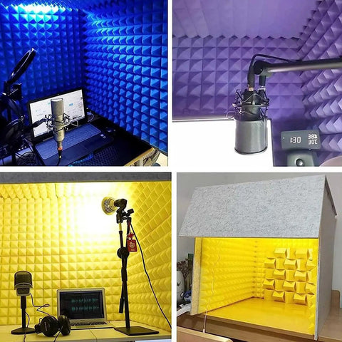 Sick Desk Side Vocal Booth For Clean Recordings And Podcasting Without The Room Bounce Thick Density Sound Dampening Foam, multi-colored setups.