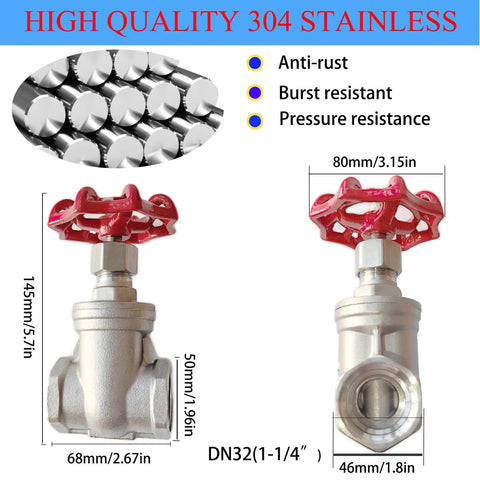 Beefy Stainless Steel Gate Valve 304 DN32 One And A Quarter Inch NPT Female Thread Rotary Globe Valve features size and durability.