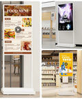 Plug And Play Ready Top Shelf 55 Inch Double Sided Digital Signage Kiosk With 4K Ultra HD Display showcasing food menu in retail.
