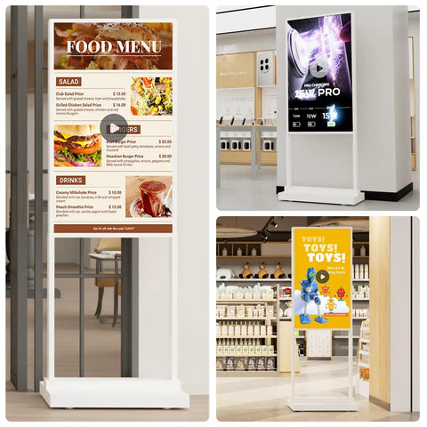 Plug And Play Ready Top Shelf 55 Inch Double Sided Digital Signage Kiosk With 4K Ultra HD Display showcasing food menu in retail.