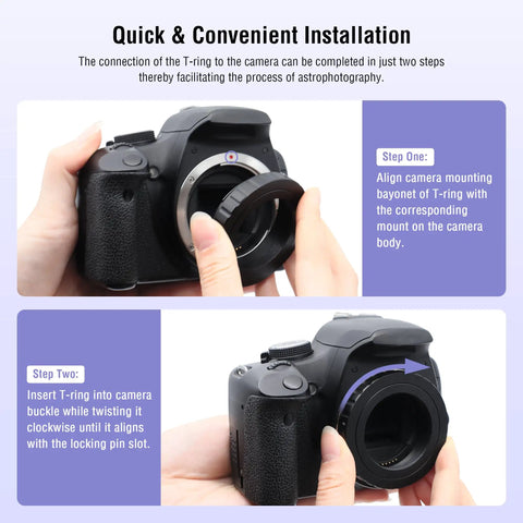 Hands attaching T2 Ring Adapter With 42mm Thread For Canon EOS DSLR SLR Cameras Metal T Mount Telescope Camera Adapter