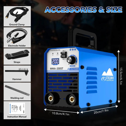 Mini Stick Welder 110V 200A Portable Inverter Welding Machine With Hot Start And IGBT 5 Rods Included dimensions and accessories