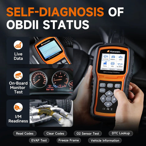 NT630 Plus OBD2 Scanner With ABS And SRS Bi Directional Diagnostic Tool showing interface and function options.